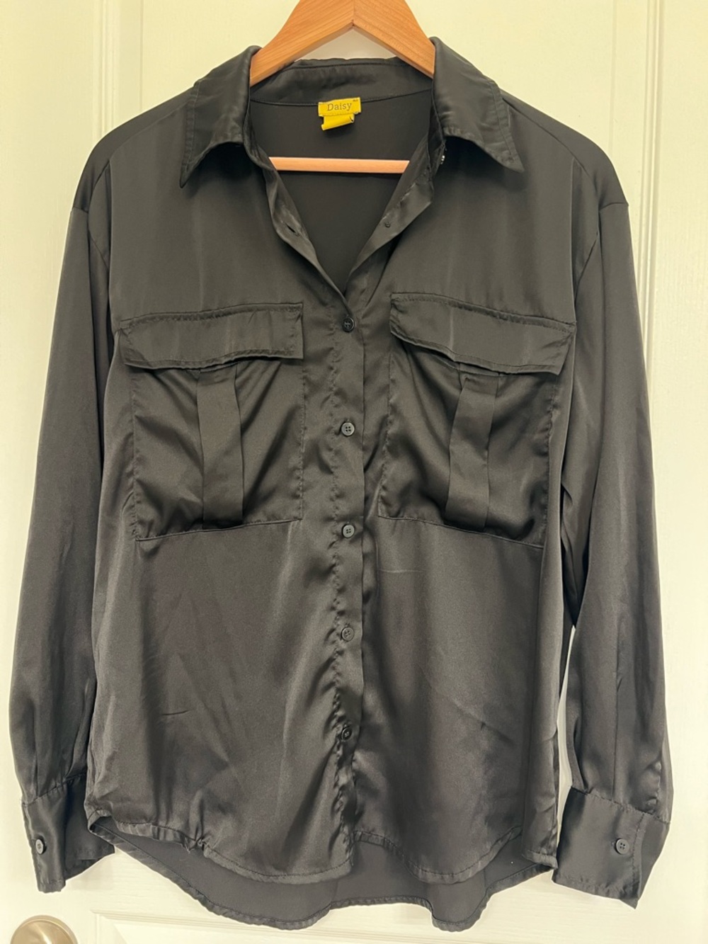 Daisy Black Satin Button-Down Shirt with Chest Flap Pockets Chic Capsule